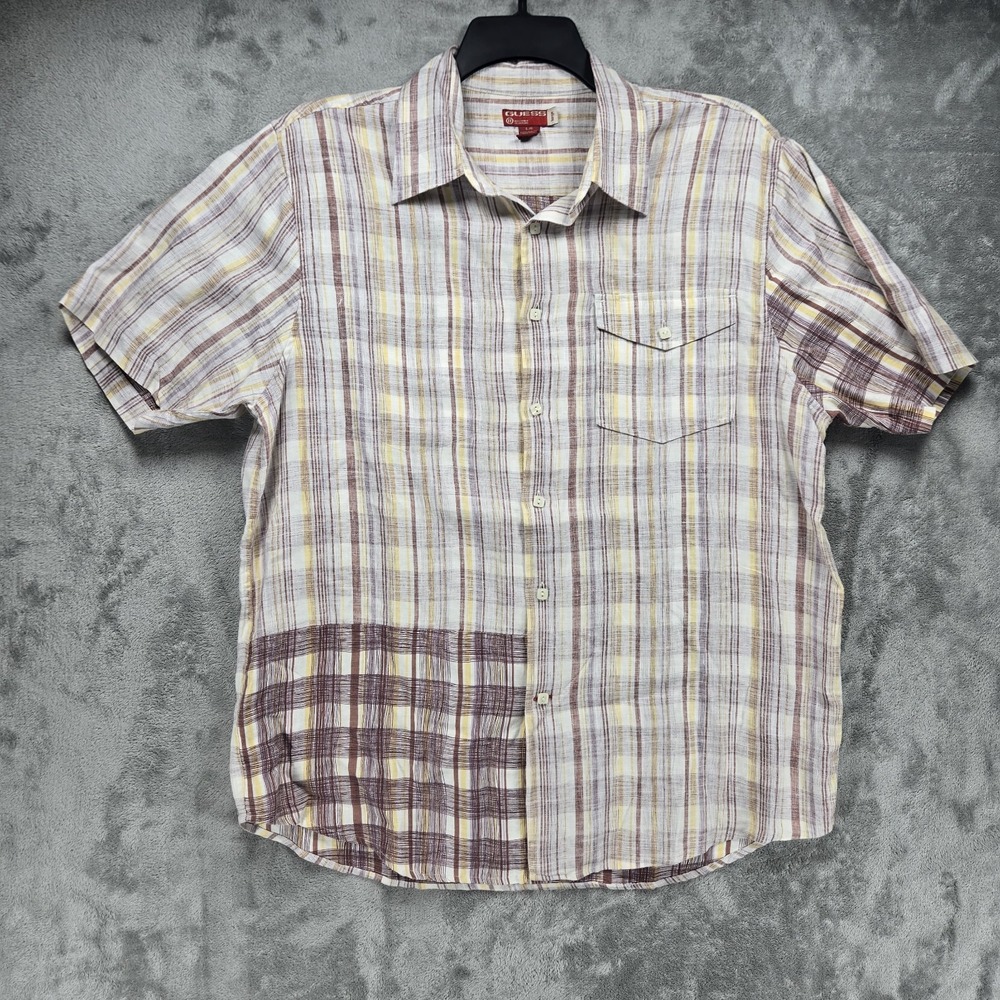 Guess Button Up Shirt Mens Size Large Short Sleeve Red Plaid 100% Linen Unique